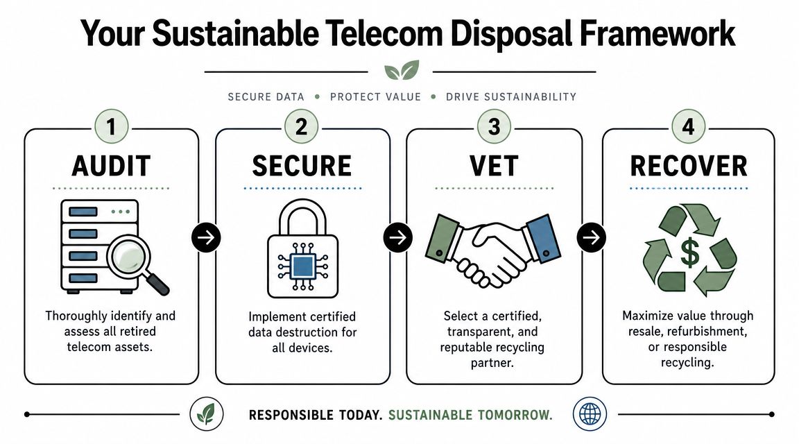 A four-step sustainable telecom disposal framework infographic illustrating audit, secure, vet, and recover processes.