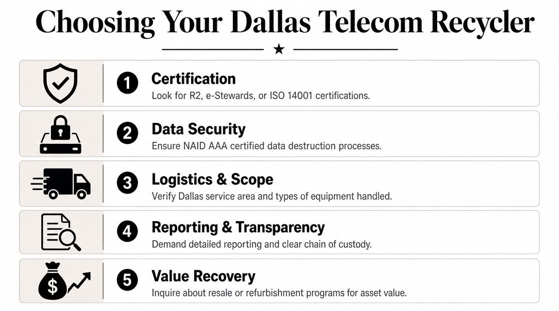 An infographic showing five key steps for choosing a professional telecom recycling service in Dallas.