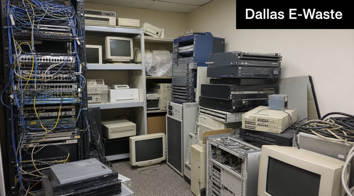 A cluttered room filled with stacked computer monitors, server racks, and networking equipment for electronic waste recycling.