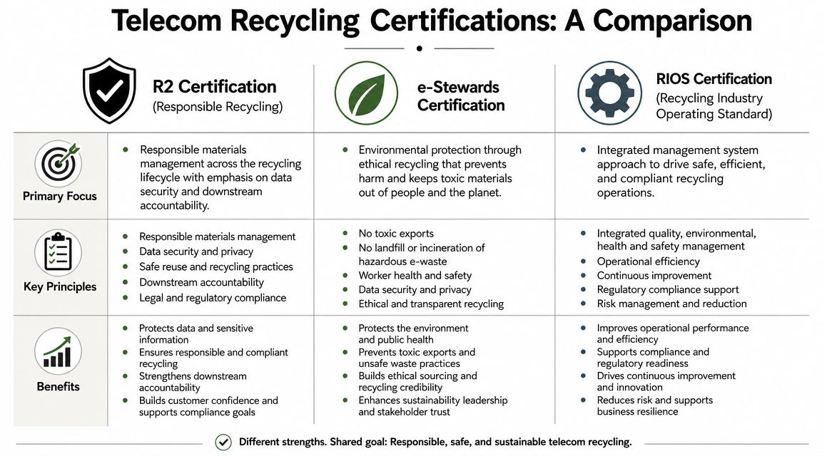 A comparison table outlining key focuses, principles, and benefits of R2, e-Stewards, and RIOS telecom recycling certifications.