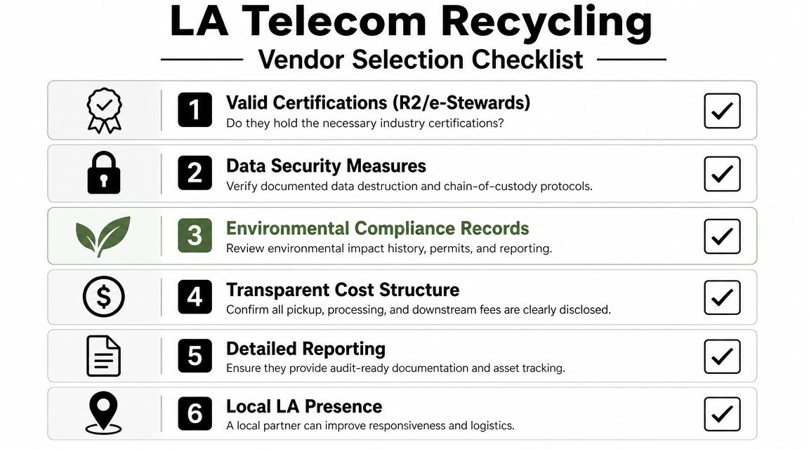 A checklist titled LA Telecom Recycling Vendor Selection Checklist with six criteria for choosing a vendor.