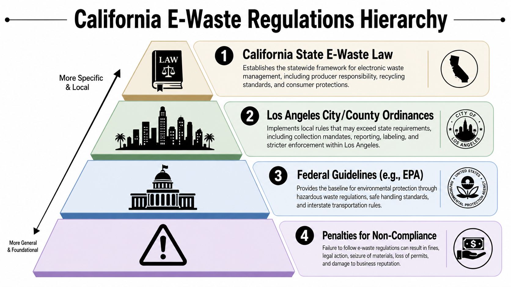 A hierarchical pyramid chart outlining the e-waste regulations from federal guidelines to specific Los Angeles ordinances.