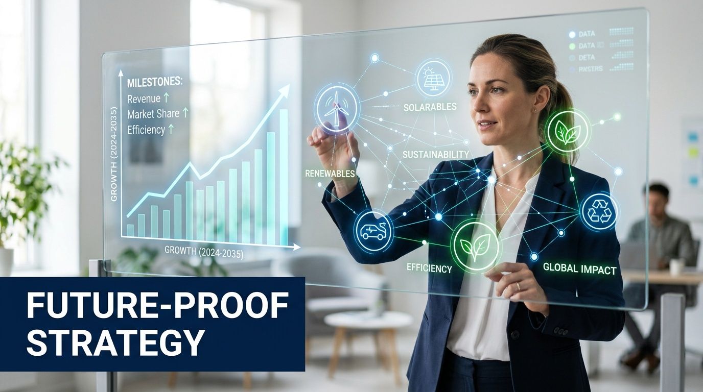 A professional woman interacting with a digital interface showcasing sustainable business growth and green technology concepts.