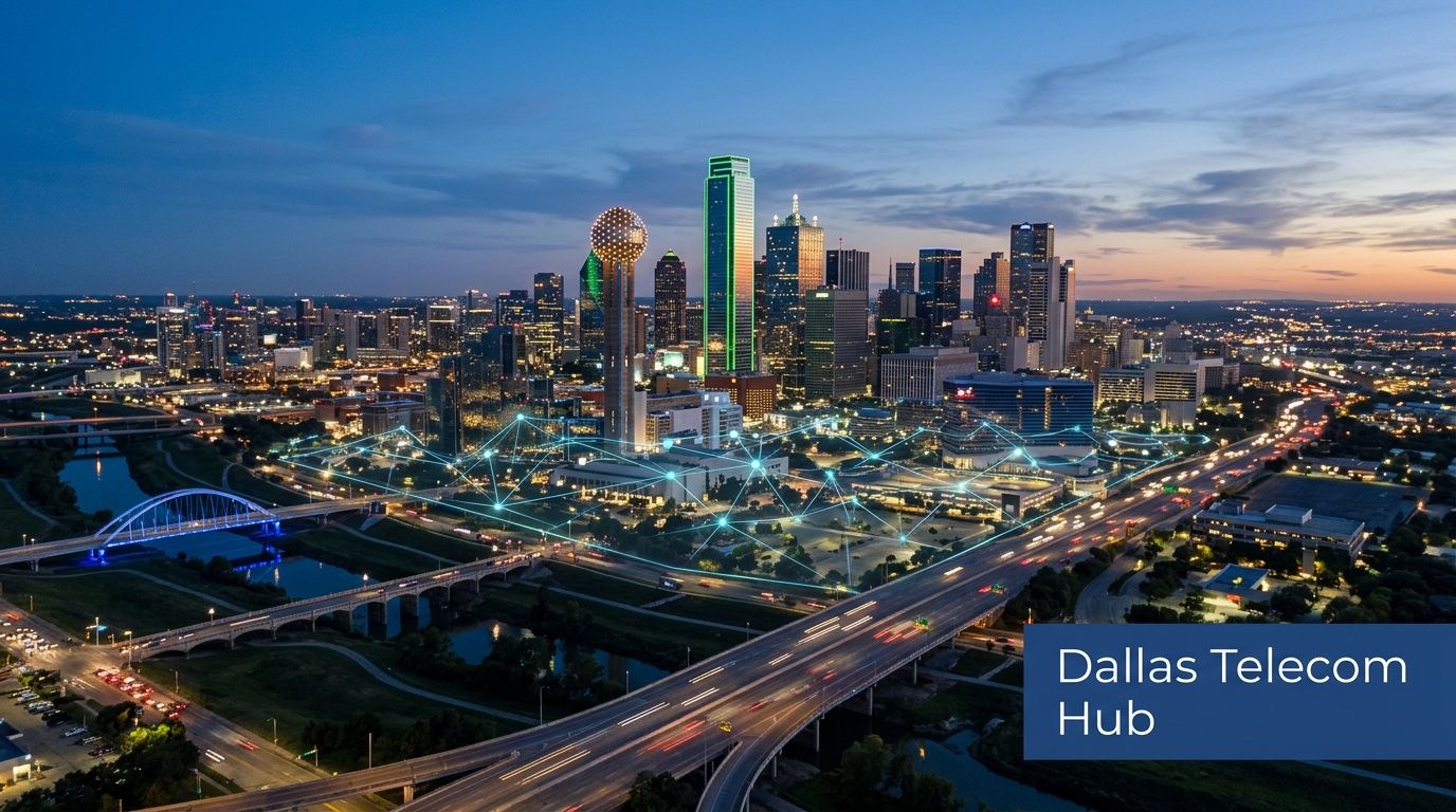 An aerial nighttime view of the Dallas skyline featuring a digital network overlay representing telecom connectivity.