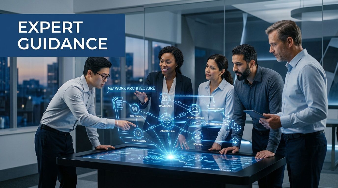 A professional team collaborating on a digital network architecture display in a modern office boardroom.