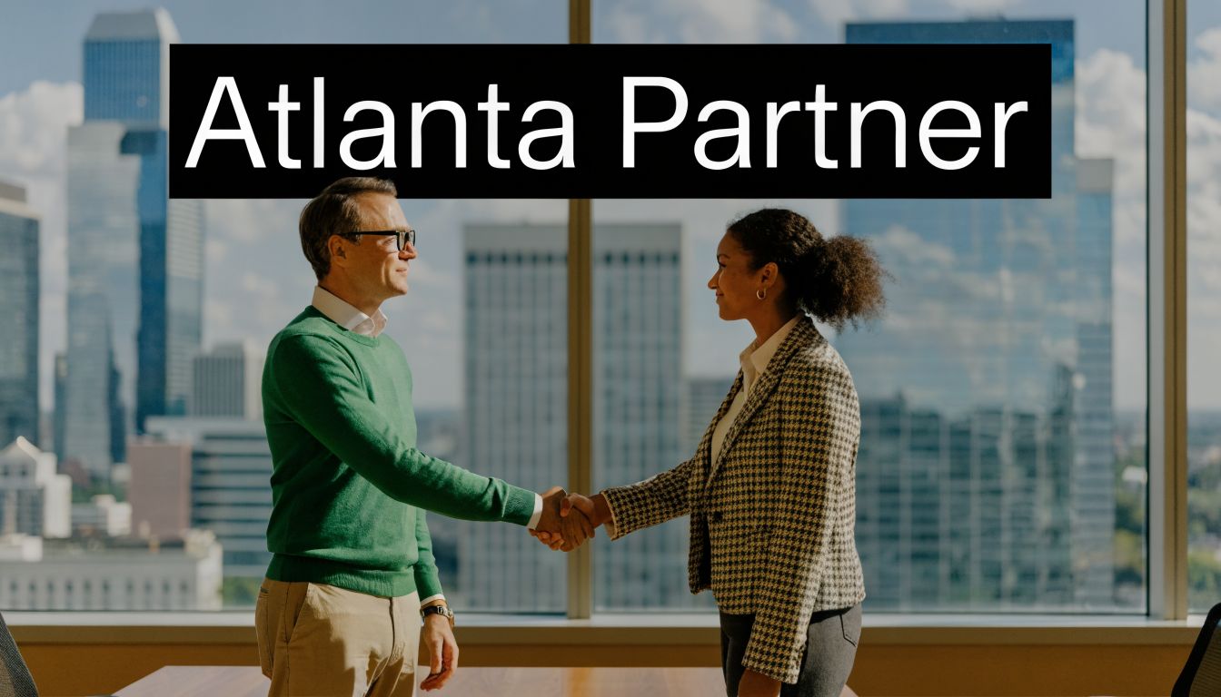 A professional man and woman shaking hands in a bright office with a city skyline view.