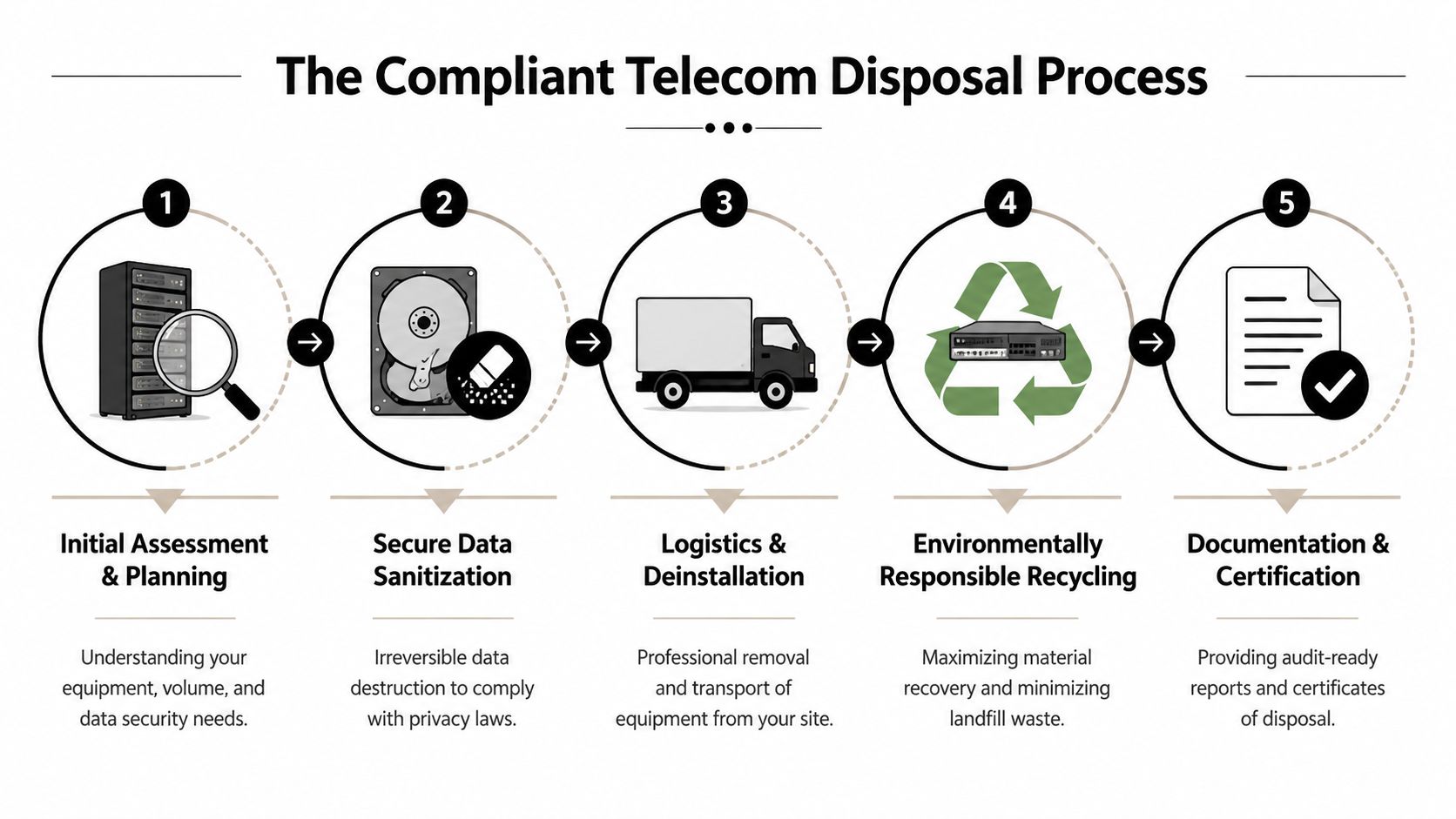 A five-step infographic showing the compliant telecom disposal process from assessment to final certification and documentation.