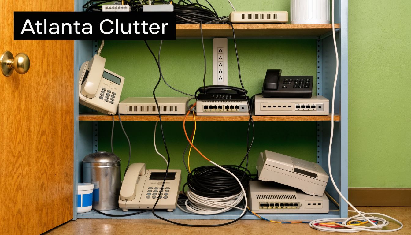 A cluttered shelving unit containing old telecom hardware, landline telephones, cables, and various networking networking devices.