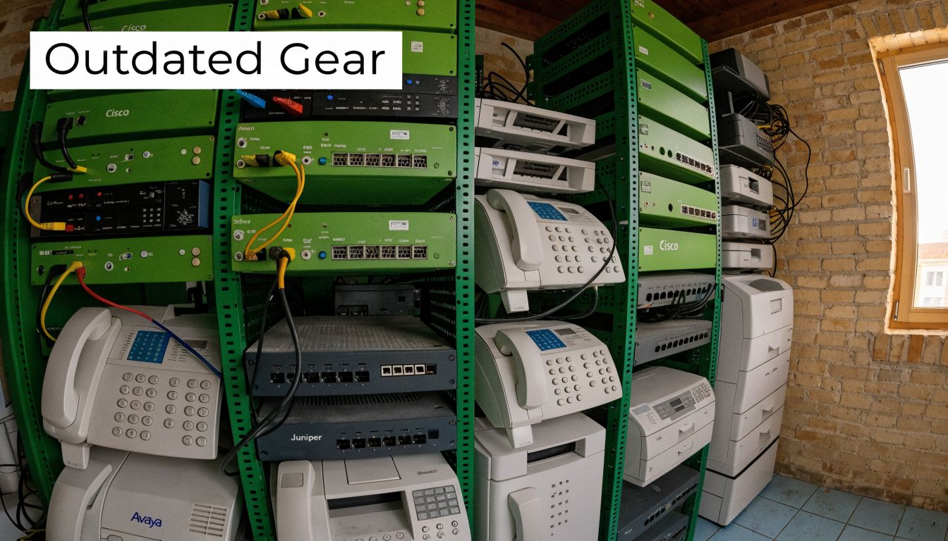 A rack of outdated Cisco and Juniper networking hardware and landline telephones in a server room.