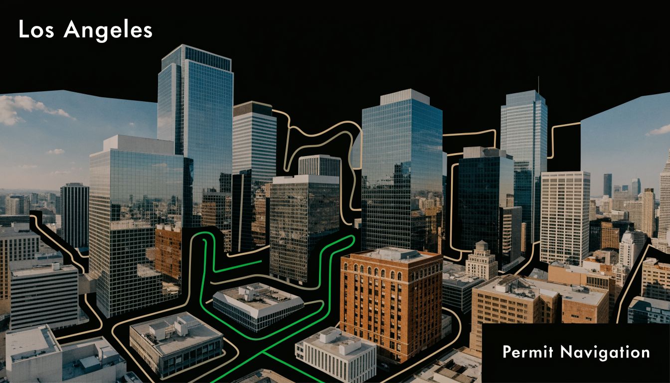 An aerial view of the Los Angeles skyline with digital path overlays illustrating city infrastructure connections.