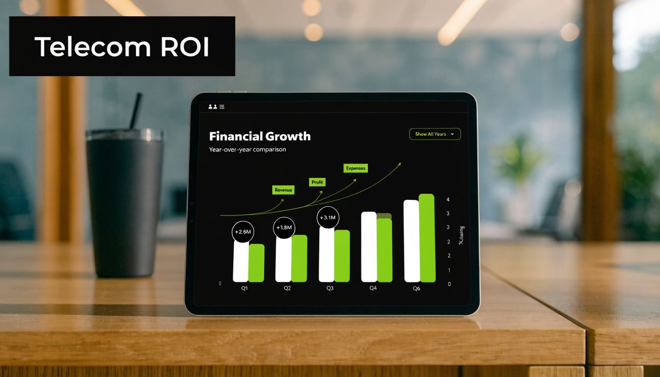 A digital tablet displaying a financial growth chart for a telecom company on a wooden table.