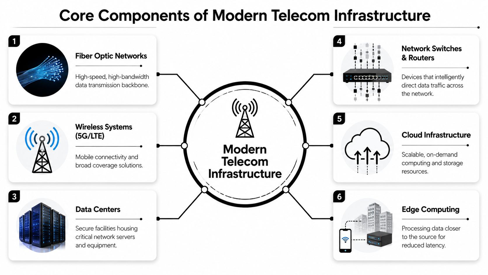 A diagram illustrating six core components of modern telecom infrastructure including fiber optics, wireless systems, and data centers.