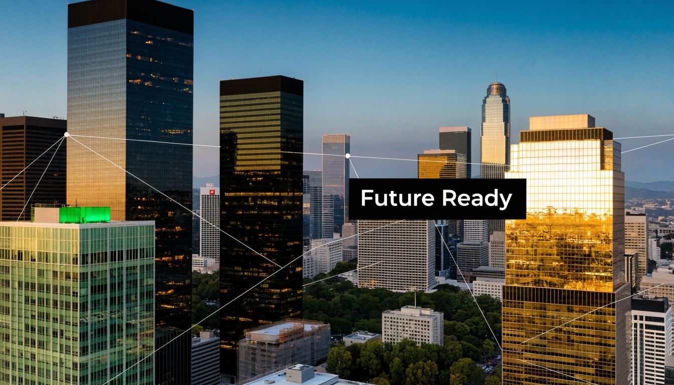 A modern Los Angeles skyline with digital network lines connecting skyscrapers, symbolizing advanced telecom infrastructure services.