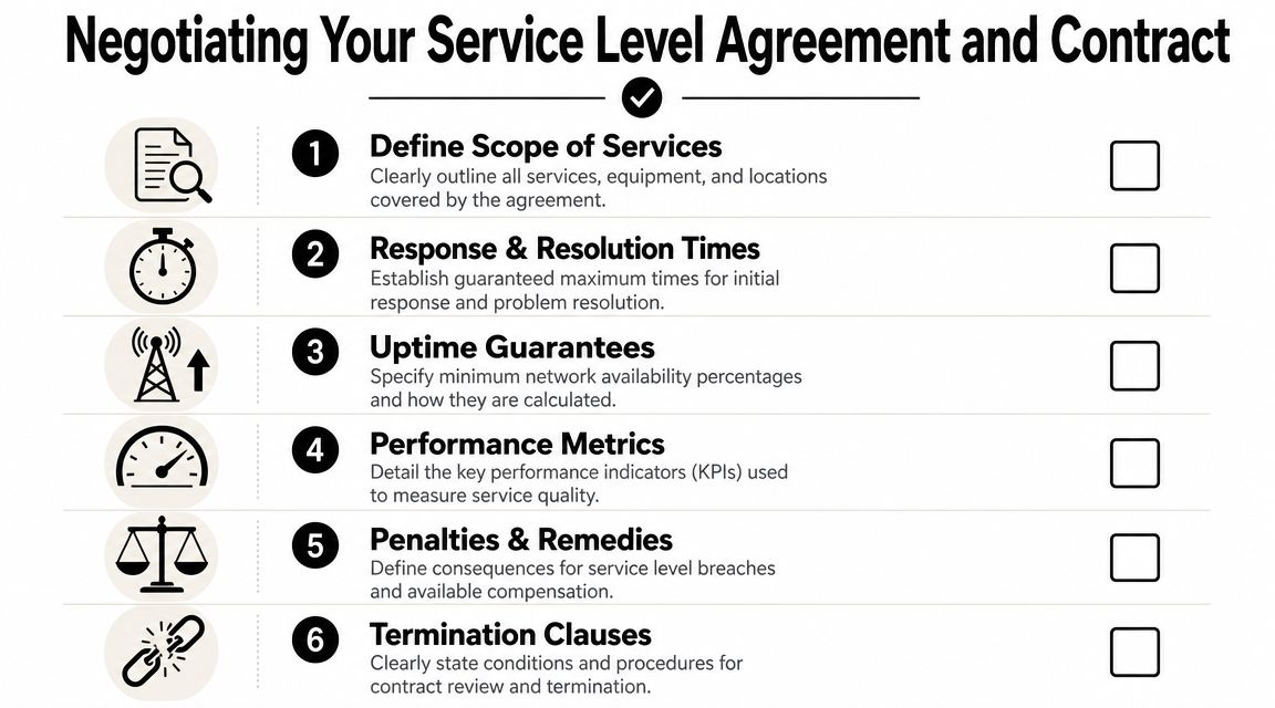 A checklist infographic outlining six essential steps for negotiating service level agreements and business contracts.