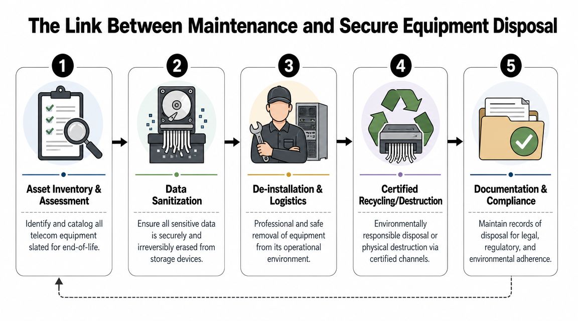 A five-step flowchart illustrating the process for secure telecom maintenance and equipment disposal lifecycle management.