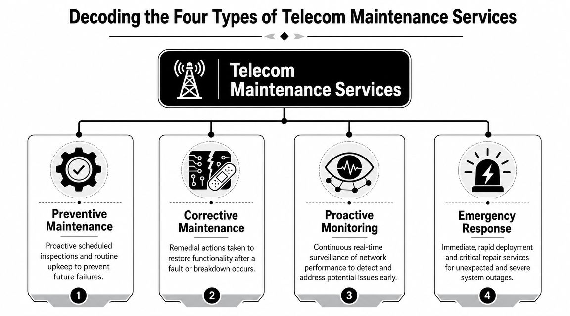 A diagram illustrating the four types of telecom maintenance services: preventive, corrective, proactive monitoring, and emergency response.
