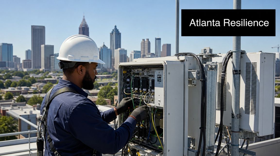 A technician in a hard hat performing maintenance on telecommunications equipment against the Atlanta city skyline.