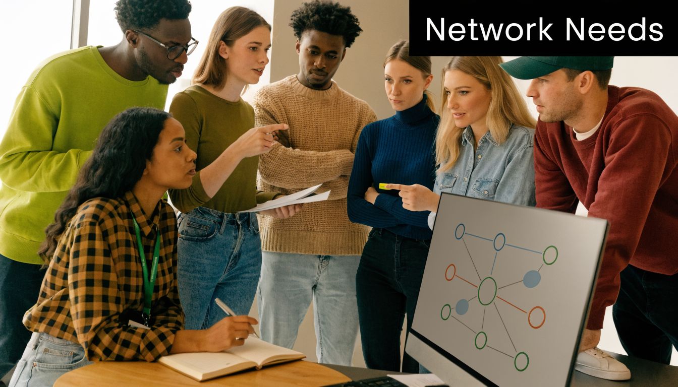 A diverse group of professionals collaborating around a computer screen displaying a network infrastructure diagram.