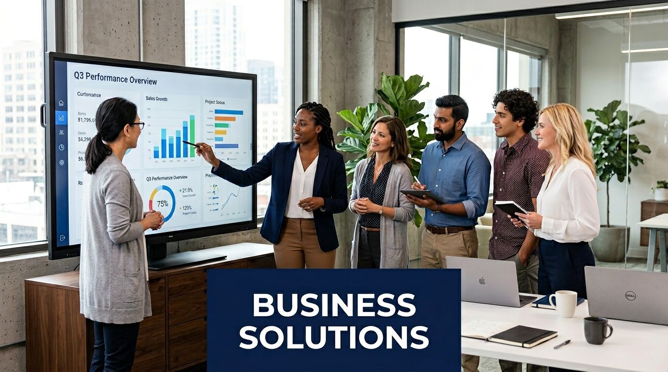 A professional team of business people having a collaborative meeting while reviewing data on a large digital screen.