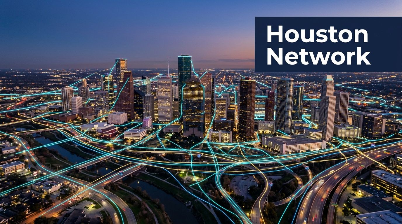 A scenic aerial night view of Houston with glowing digital lines illustrating a connected network infrastructure.