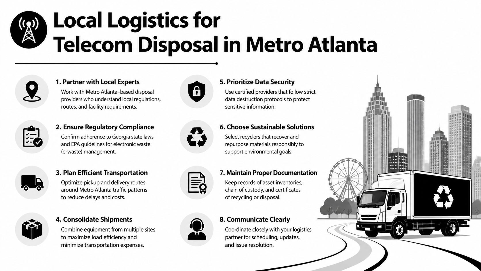 An infographic detailing eight logistics strategies for proper telecom equipment disposal in the Metro Atlanta area.