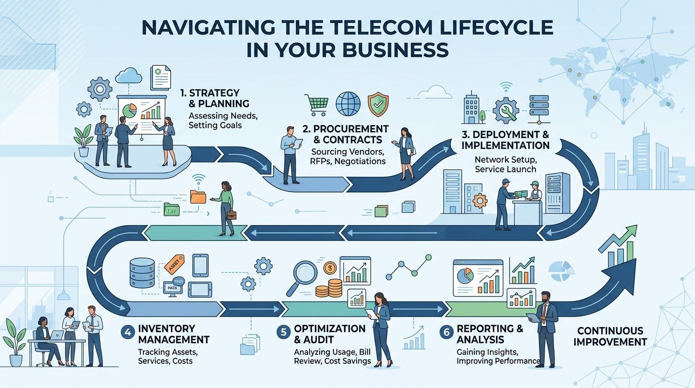 A professional infographic illustrating the six key stages of the telecom lifecycle within a business setting.