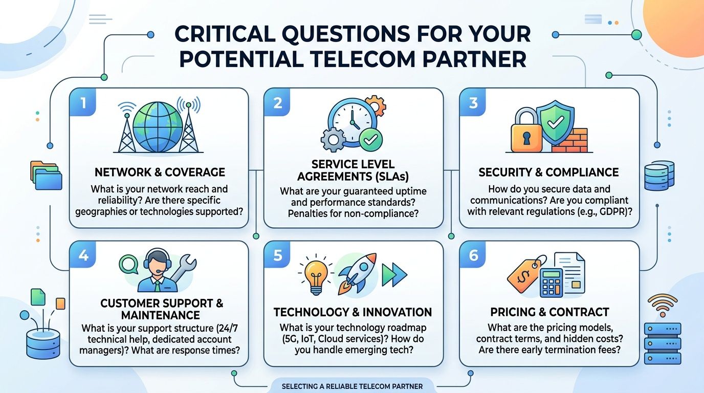 An infographic detailing six critical questions to ask when choosing a reliable telecom partner for business services.