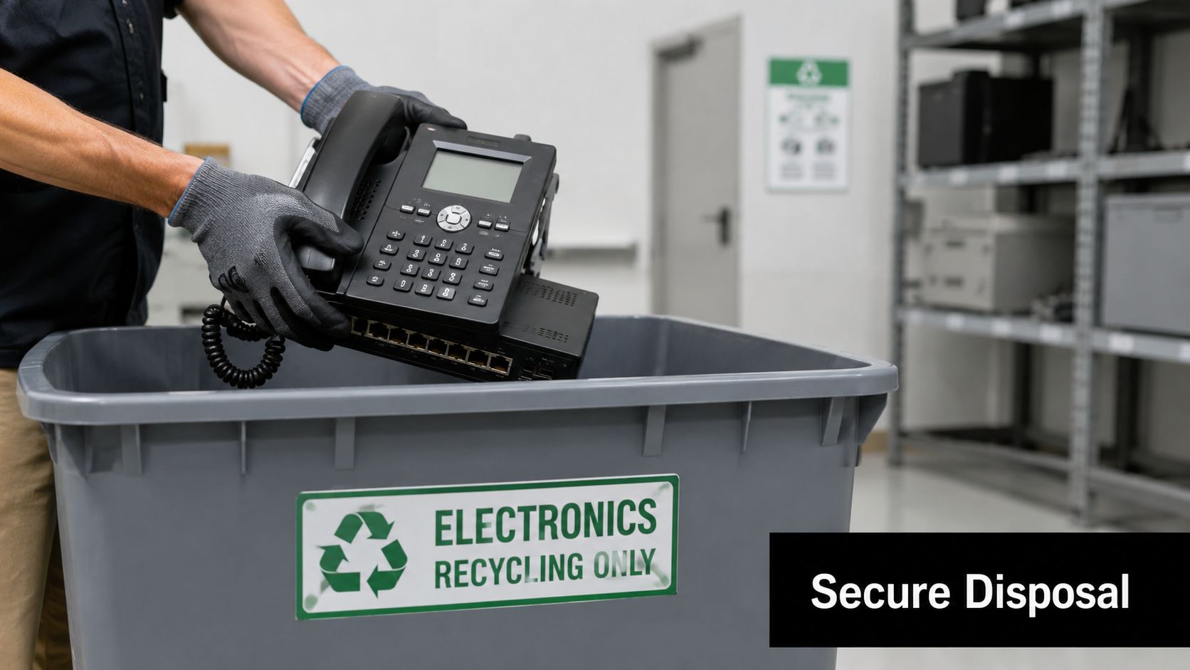 A person in gloves placing a black office desk phone into a grey electronics recycling bin.