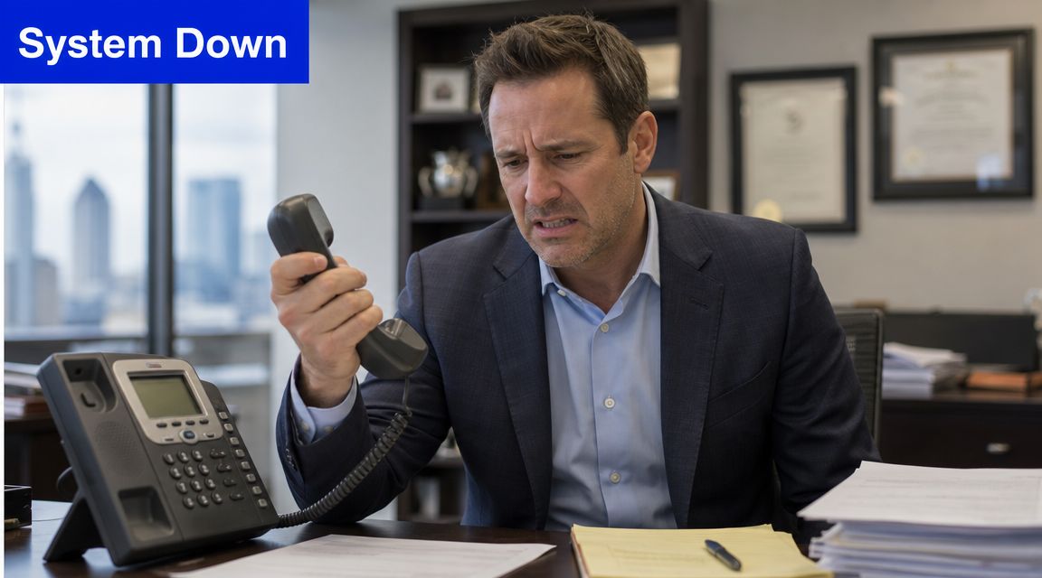 A businessman looking stressed while holding a desk phone handset due to a telecom system error.