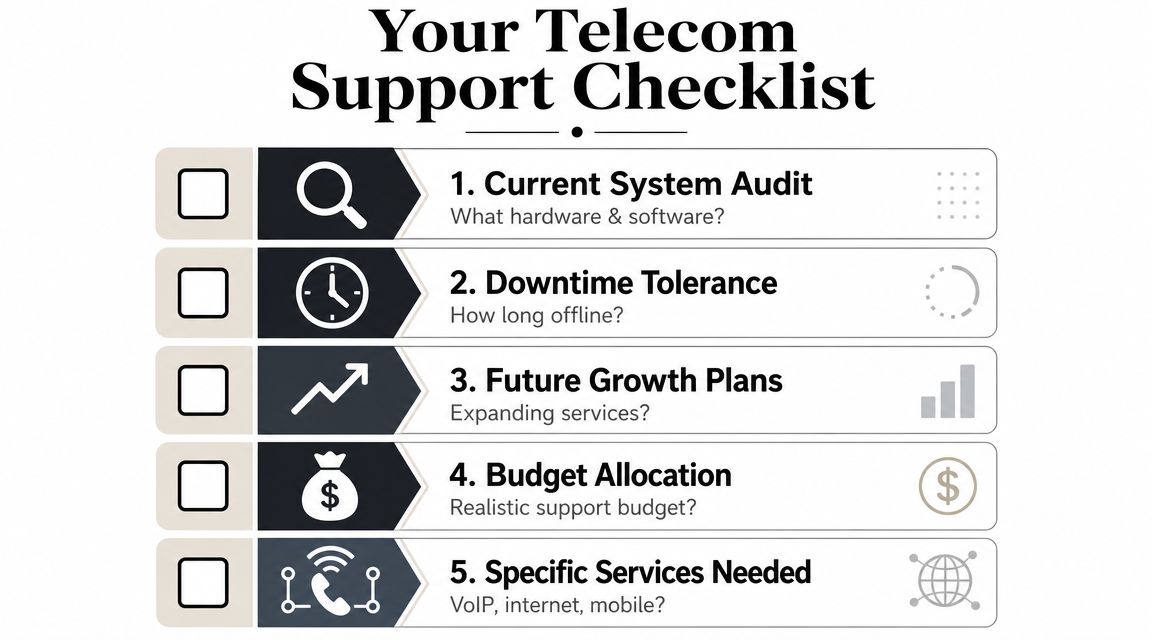 A checklist titled Your Telecom Support Checklist featuring five key steps for managing business communication infrastructure.