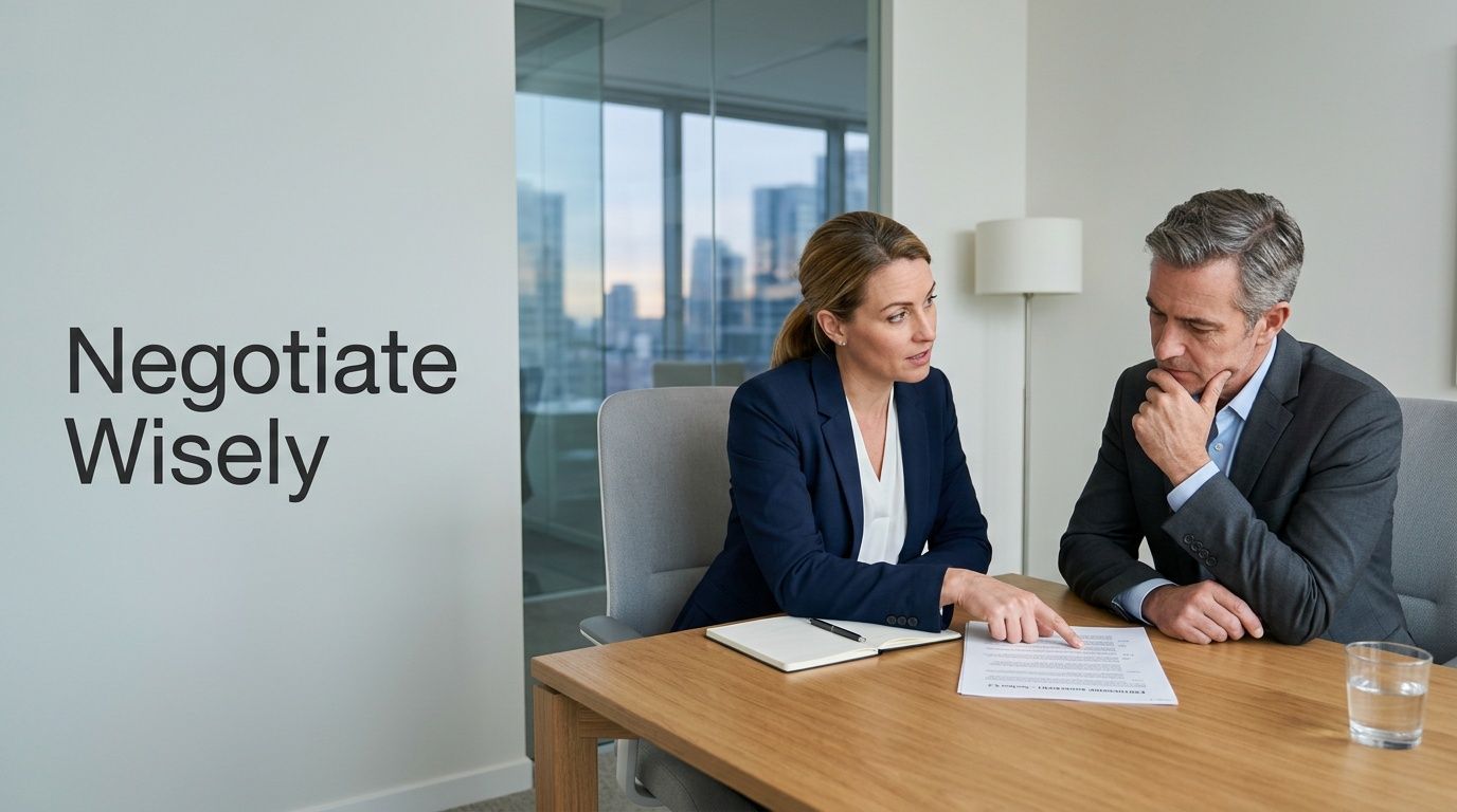 A professional woman in a suit pointing at a contract while consulting with a male colleague in an office.