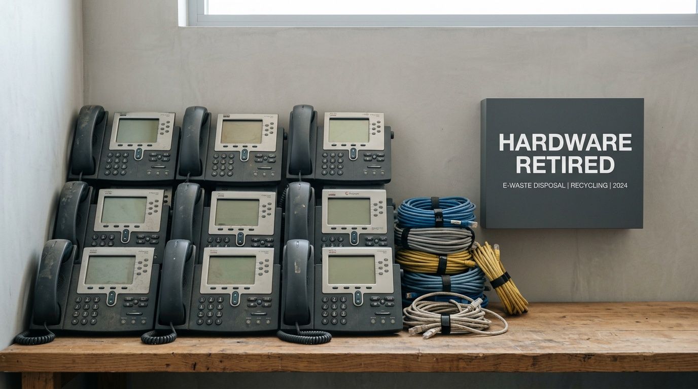 A row of old desk phones and coiled Ethernet cables sitting on a wooden desk near a sign.