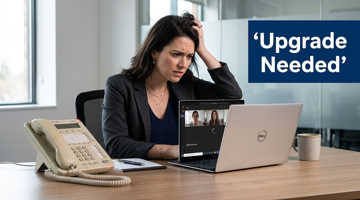A frustrated professional woman sitting at a desk with an outdated telephone and laptop computer.