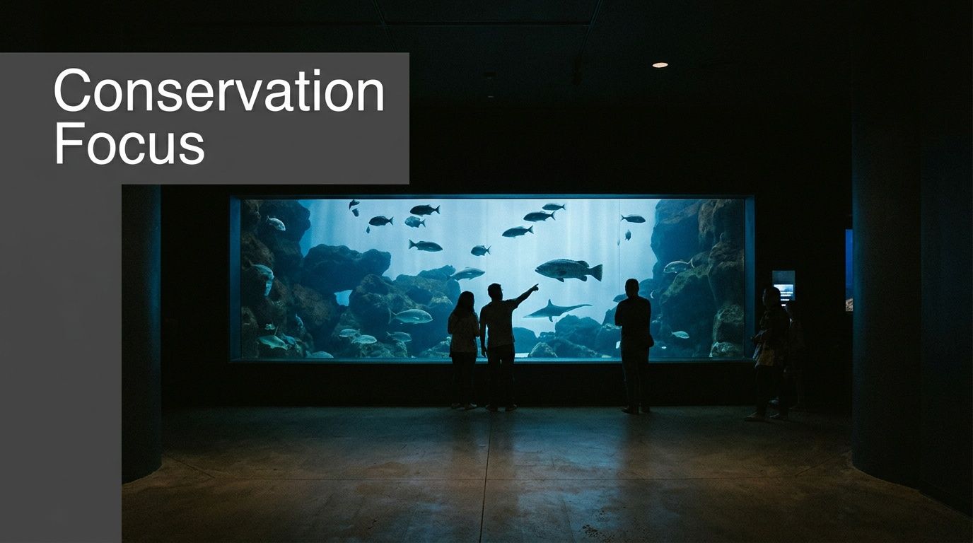 Visitors observing a large aquarium exhibit featuring various fish swimming among rock formations in a dark room.