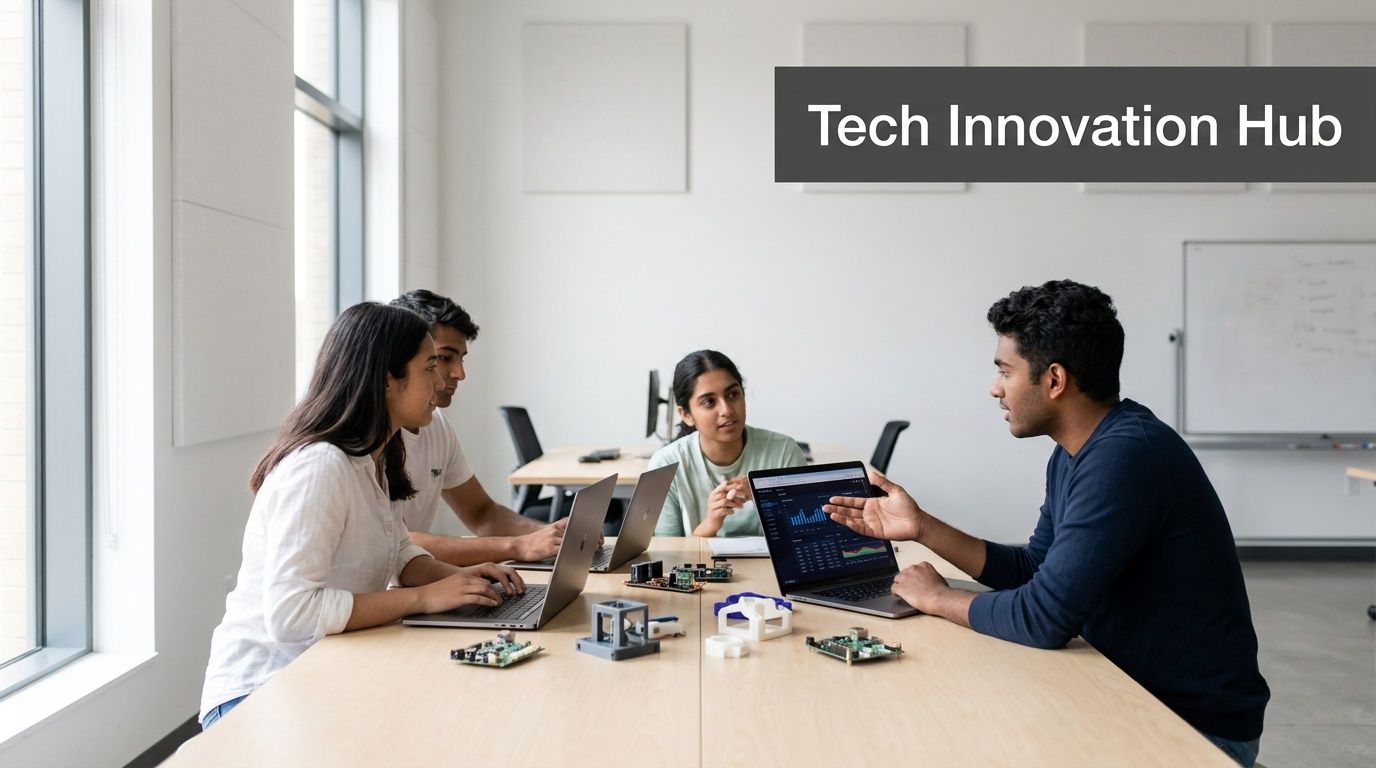 A group of young students collaborating on a technology project at a modern university innovation hub.
