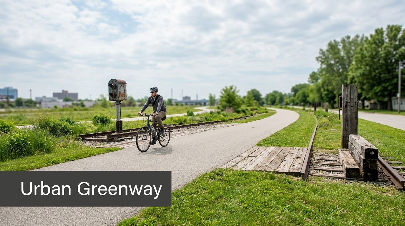 A man riding a bicycle along a paved urban greenway trail next to old abandoned railroad tracks.