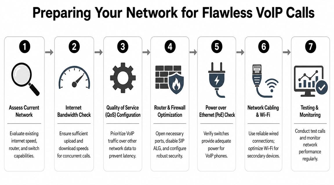 A seven-step guide illustration for optimizing network infrastructure to ensure flawless and high-quality VoIP call performance.
