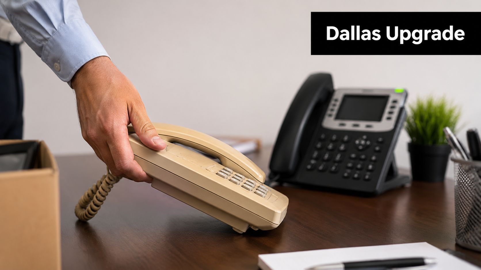 A hand replacing an old analog telephone on a desk near a modern business VoIP phone system.