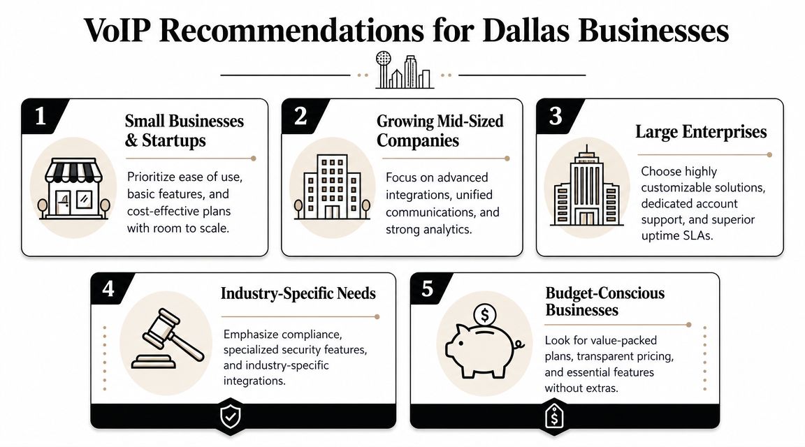 An infographic titled VoIP Recommendations for Dallas Businesses, outlining five distinct categories for selecting VoIP phone services.