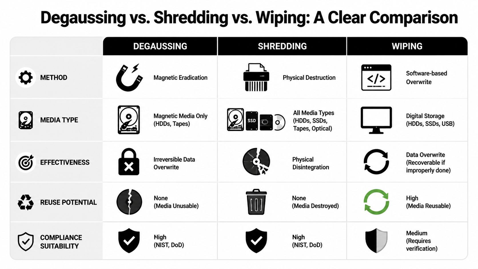 A comparison chart explaining the differences between degaussing, shredding, and wiping for data destruction.