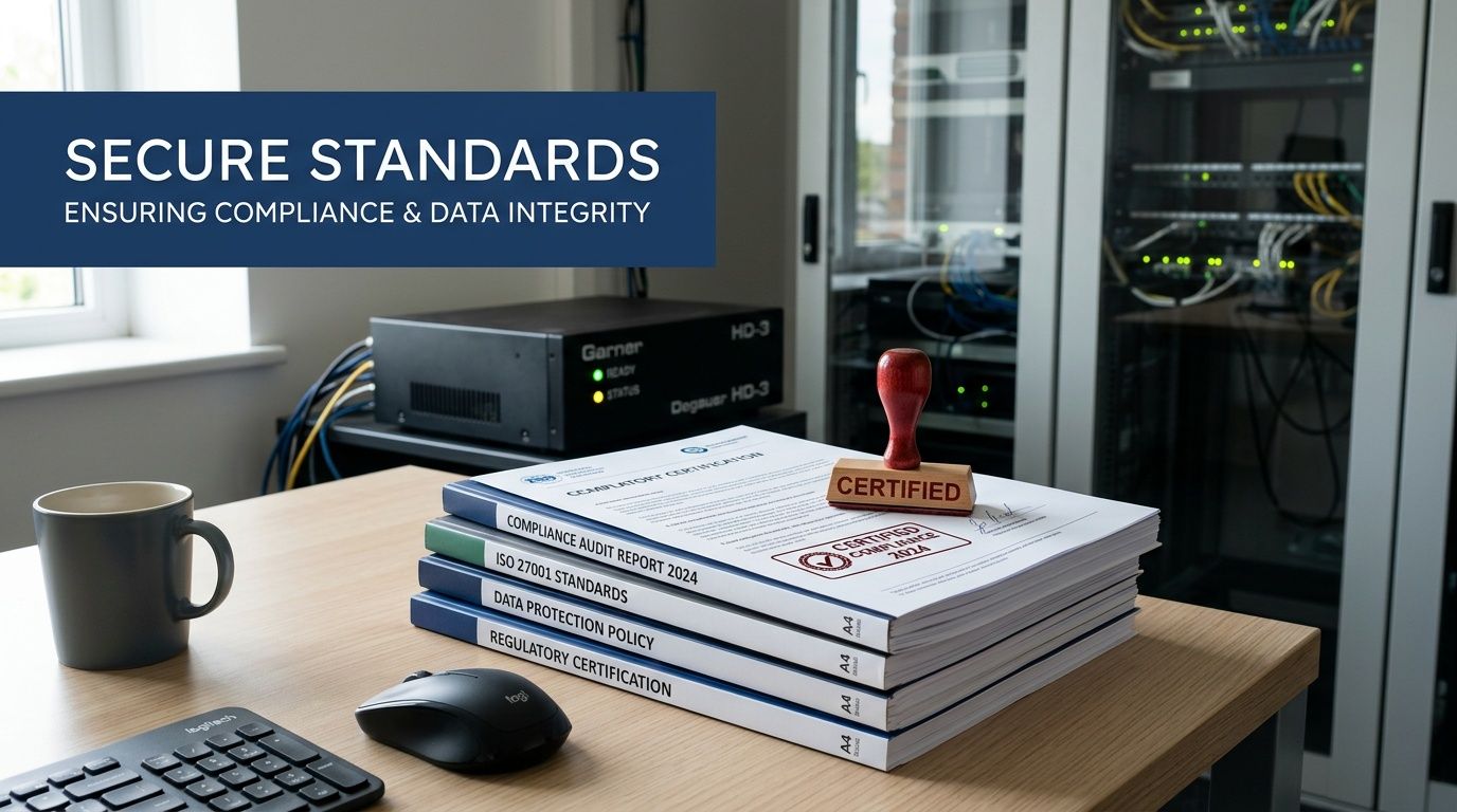 A stack of compliance and certification documents on a desk next to a professional data degausser unit.
