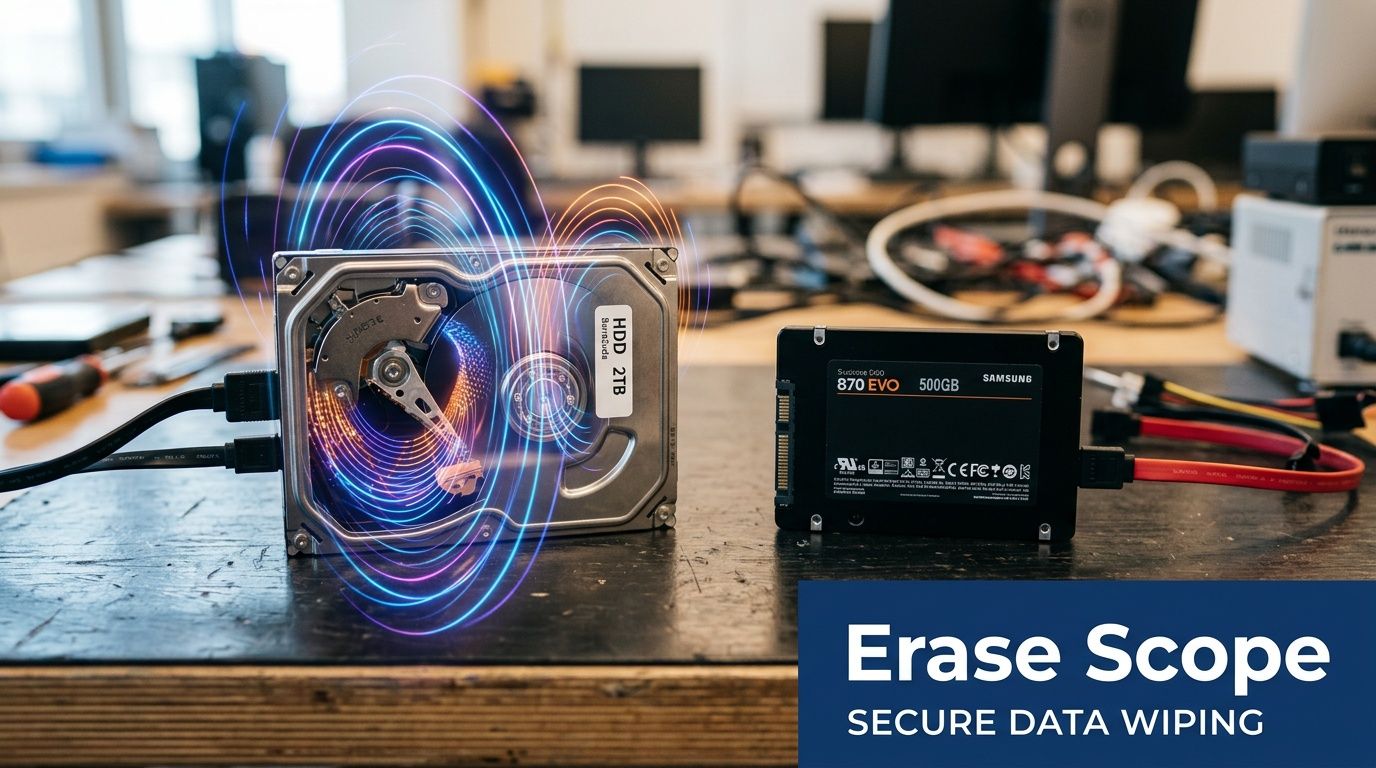 A hard disk drive and a solid state drive sitting on a table for secure data wiping.