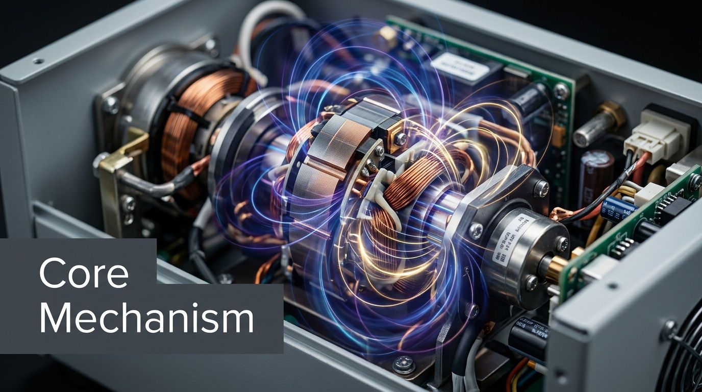 A close-up view of the internal electromagnetic motor mechanism of a professional industrial data degausser machine.