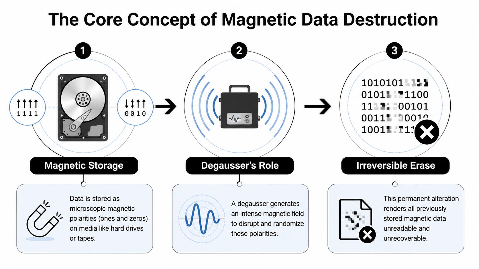 A diagram illustrating the core concept of magnetic data destruction using a degausser on hard drives.