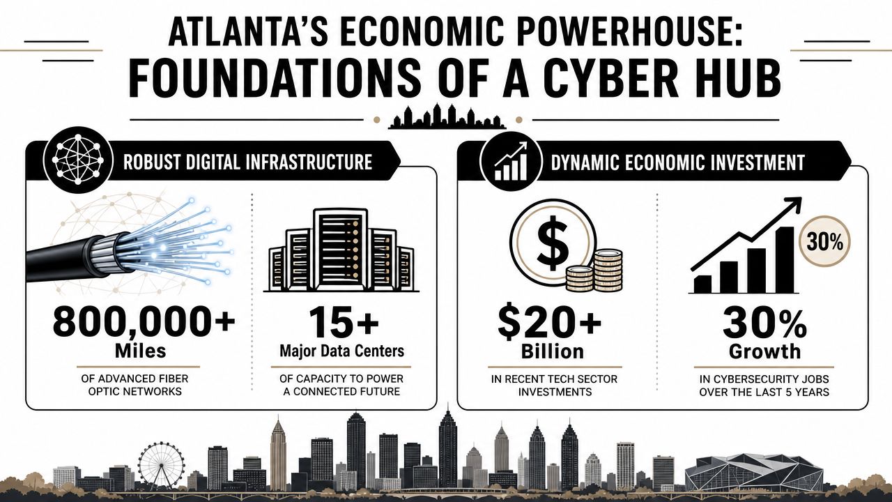 An infographic detailing Atlanta's economic growth, cyber infrastructure, data centers, and investment in the technology sector.