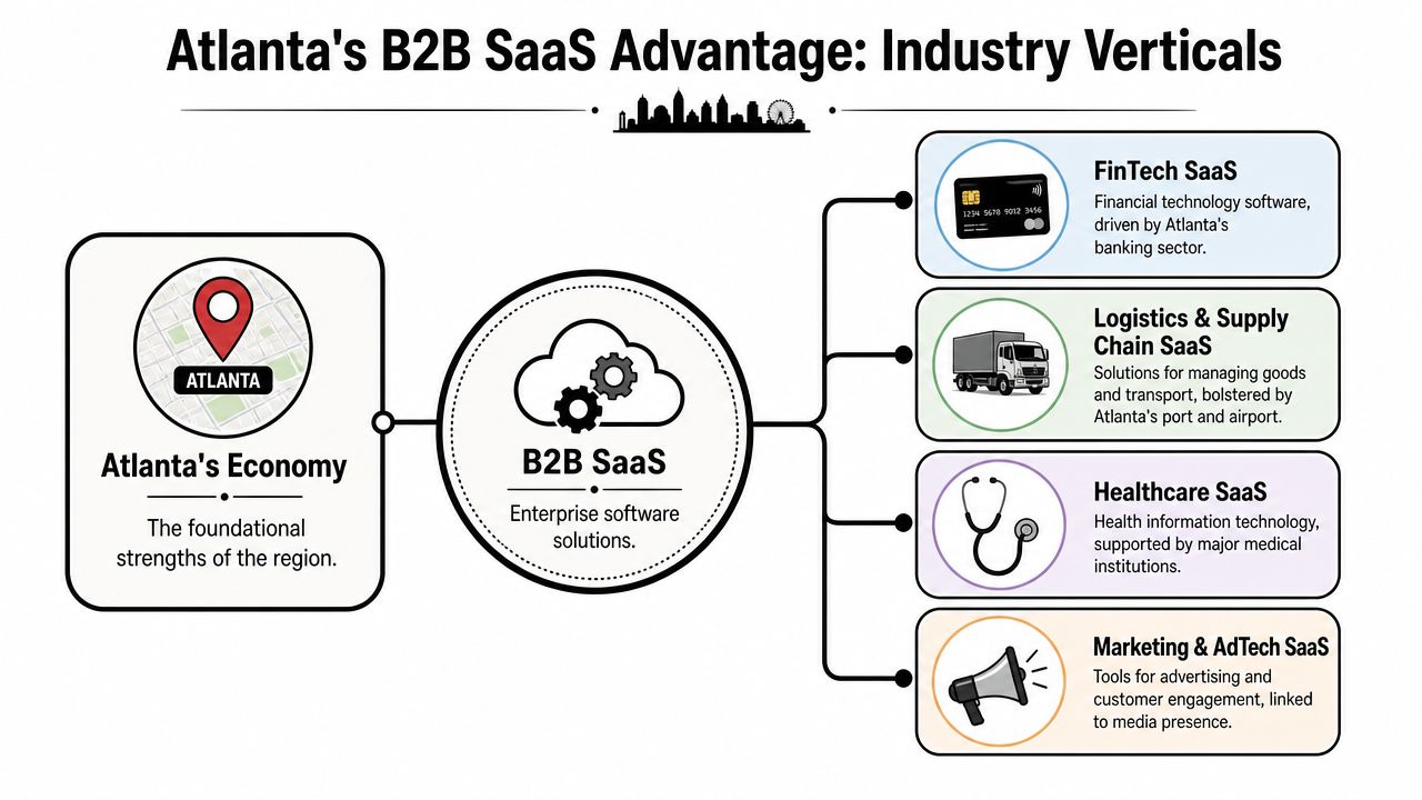 A diagram illustrating Atlanta's B2B SaaS industry verticals, including FinTech, logistics, healthcare, and marketing sectors.