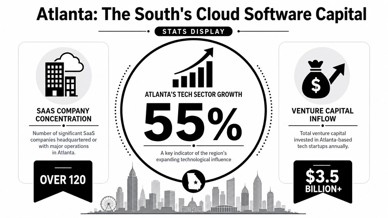 An infographic titled Atlanta: The South's Cloud Software Capital showing tech growth, SaaS company count, and VC investment.