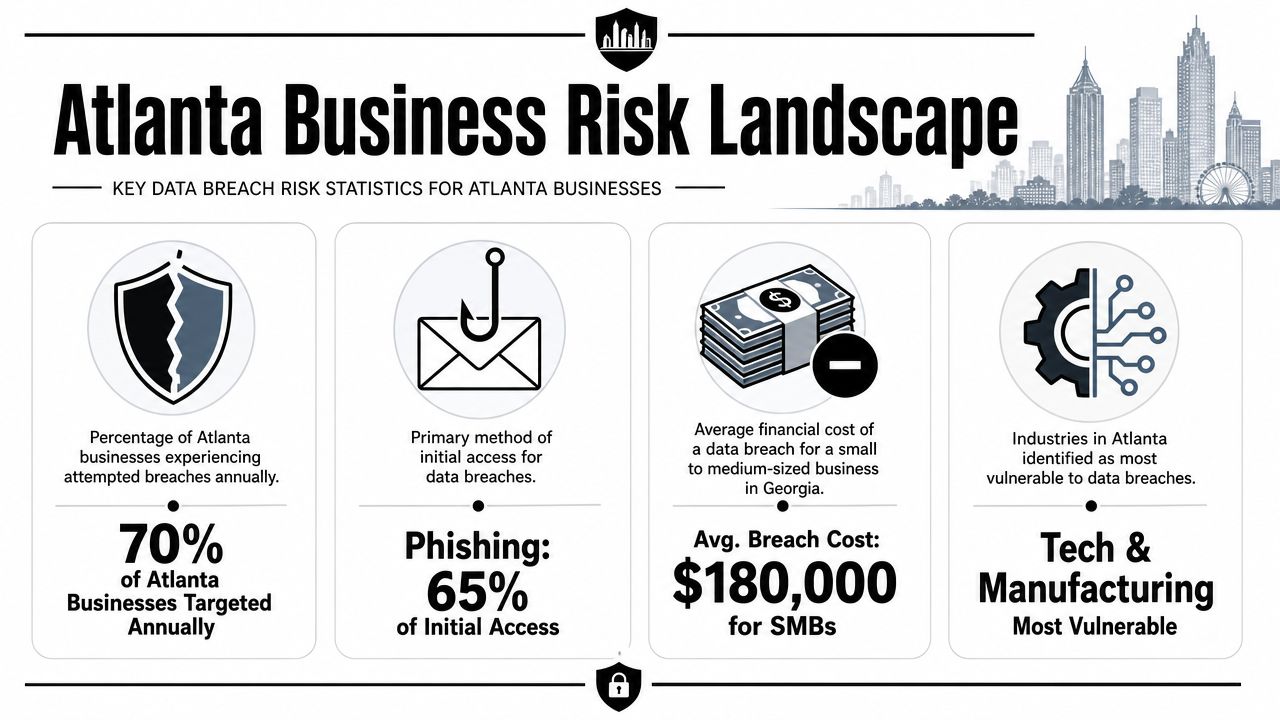 An infographic detailing data breach risk statistics for businesses located in the city of Atlanta, Georgia.