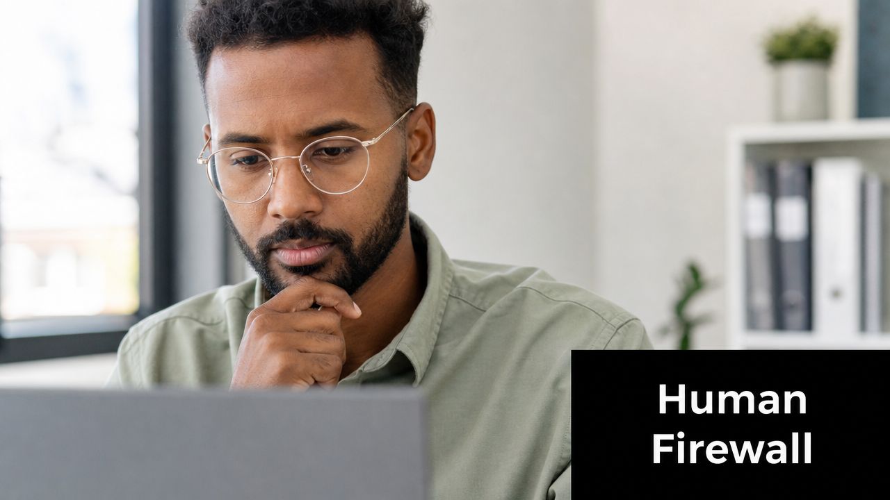 A focused man wearing glasses looking at his laptop, symbolizing a human firewall for data security.