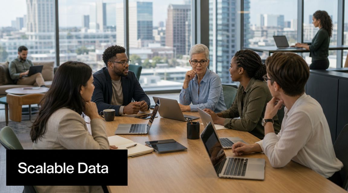 A diverse group of business professionals collaborating around a conference table in a modern city office.